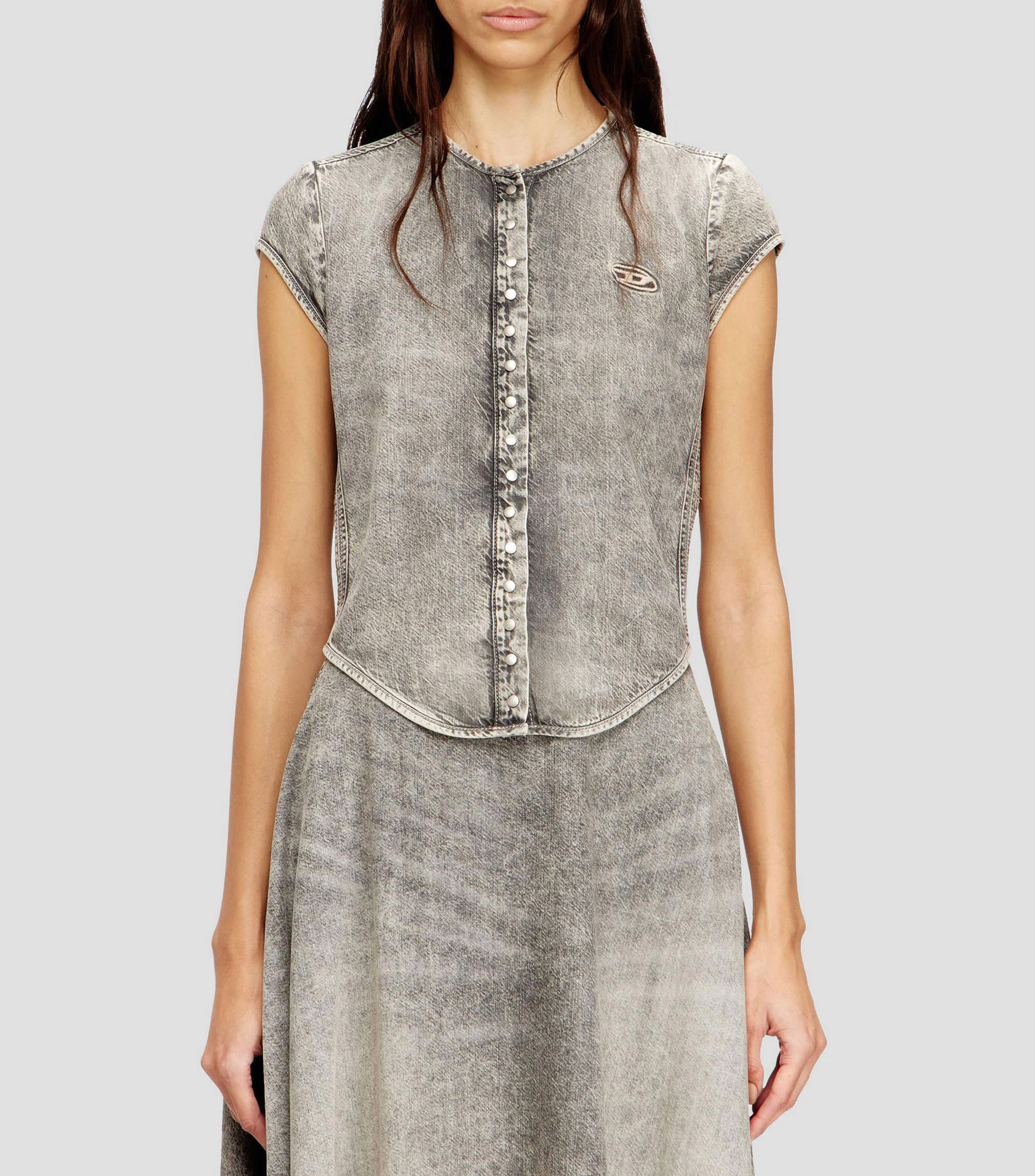 Camisa jaspeada de mezclilla sin mangas Mujer